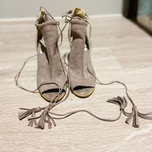 Qupid Open Toe Heeled Booties with Tassel Ties